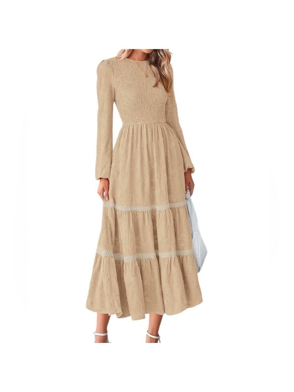 PRETTYGARDEN Smocked Maxi Dress Tiered Ruffled Floral Jacquard Lace Pockets XL